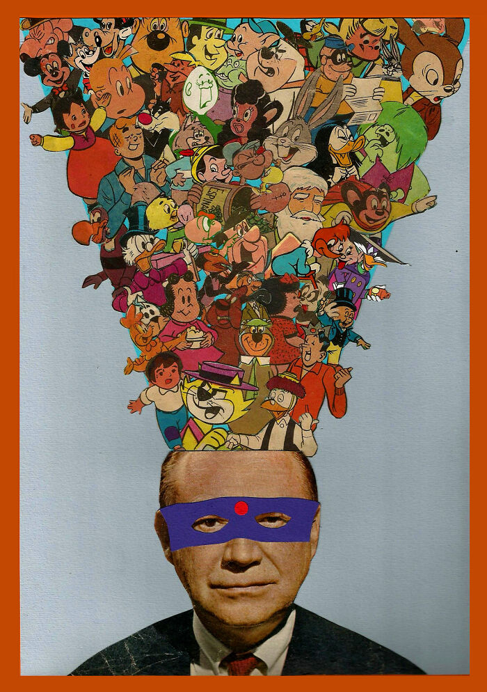 Surreal photo manipulation of a man with cartoon characters flowing from his head in a creative collage design.