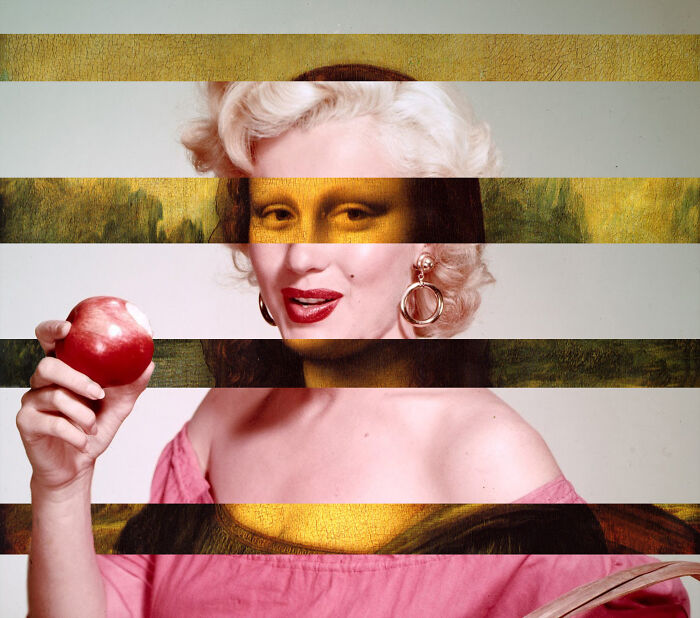 Photo manipulation of a woman holding an apple with alternating stripes of the Mona Lisa painting in the background.