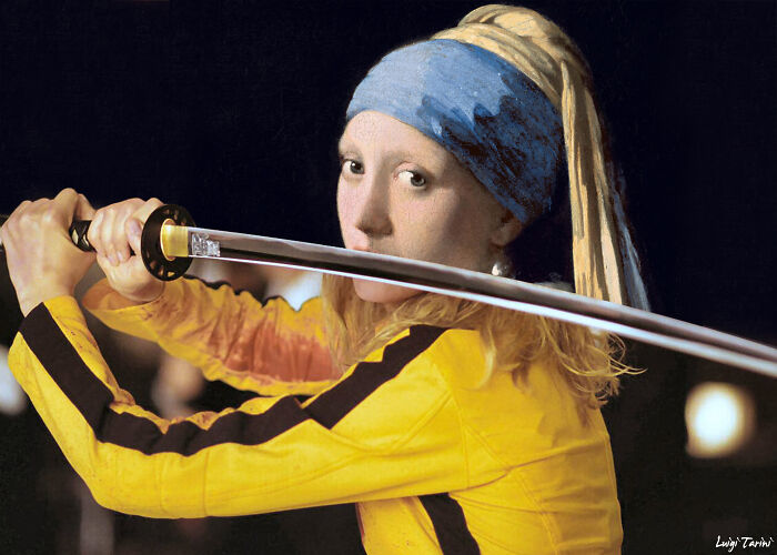 Photo manipulation of a person with a classic portrait face holding a katana sword in a yellow martial arts outfit.
