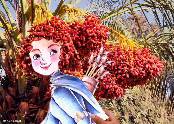 Colorful photo manipulation of a cartoon character with arrows set against bright red palm fruits and green foliage outdoors.
