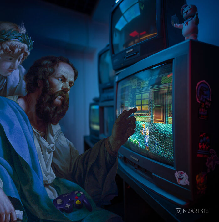 Classical figures playing a retro video game on old CRT TVs in a creative photo manipulation collage artwork.