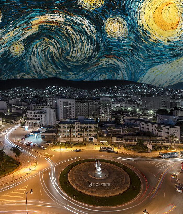 Cityscape at night with light trails and a Starry Night inspired photo manipulation collage in the sky above.