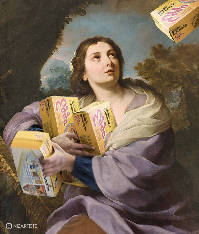 Classical painting photo manipulation showing a woman clutching multiple Eggo waffle boxes in a surreal scene.