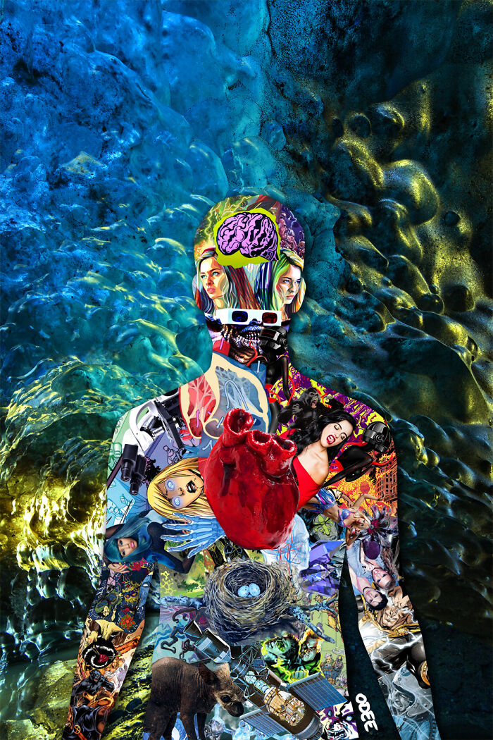 Colorful photo manipulation collage of a human figure filled with diverse artistic elements against a textured blue and gold background.