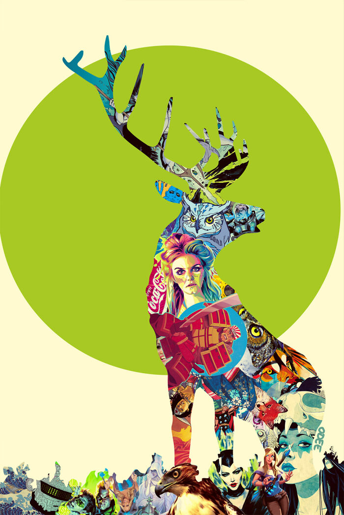 Colorful photo manipulation collage in the shape of a deer, featuring various artistic and surreal elements.