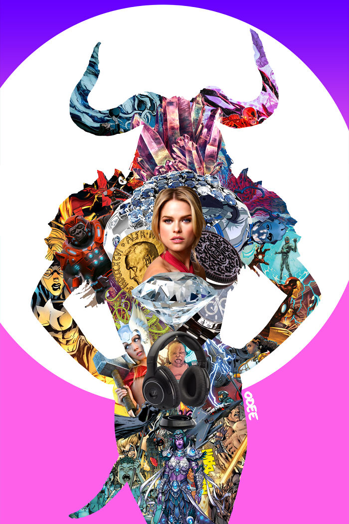 Colorful photo manipulations and collages featuring a horned figure made from various characters and objects.