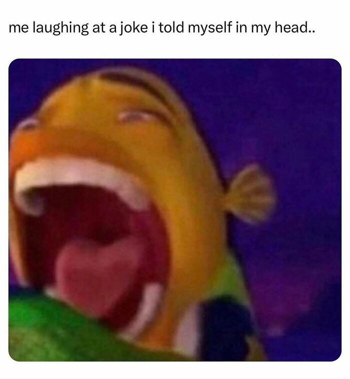 A close-up of a cartoon fish laughing loudly, illustrating relatable memes for those seeking a chuckle today.