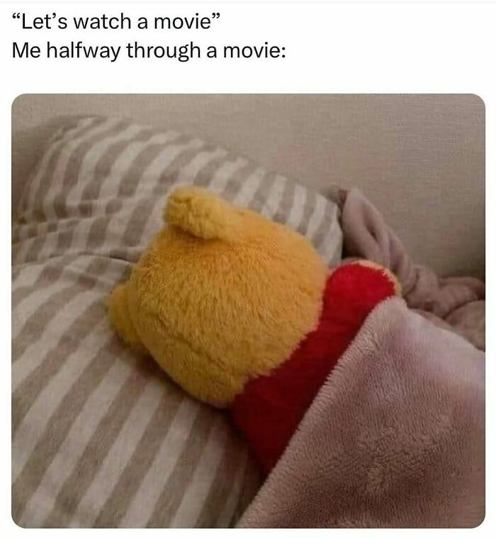 Stuffed bear sleeping under a blanket halfway through a movie, relatable meme from 32 relatable memes for a chuckle today.