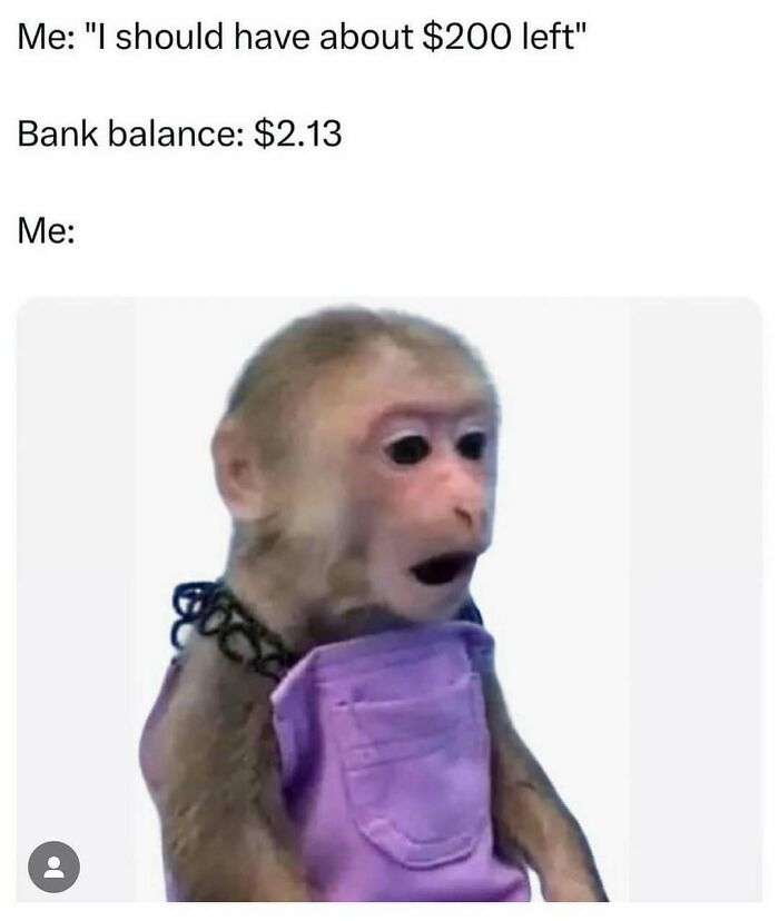 Relatable meme showing shocked monkey wearing purple outfit reacting to low bank balance humor.