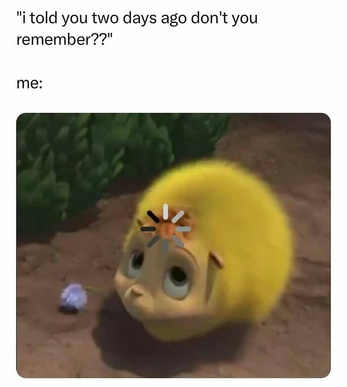 Cute yellow fluffy character with a loading symbol on its forehead, illustrating relatable memes for a chuckle today.
