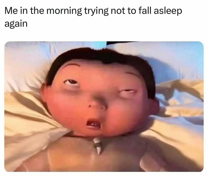 A tired animated character struggling to stay awake in bed, a relatable meme for those who could use a chuckle today.