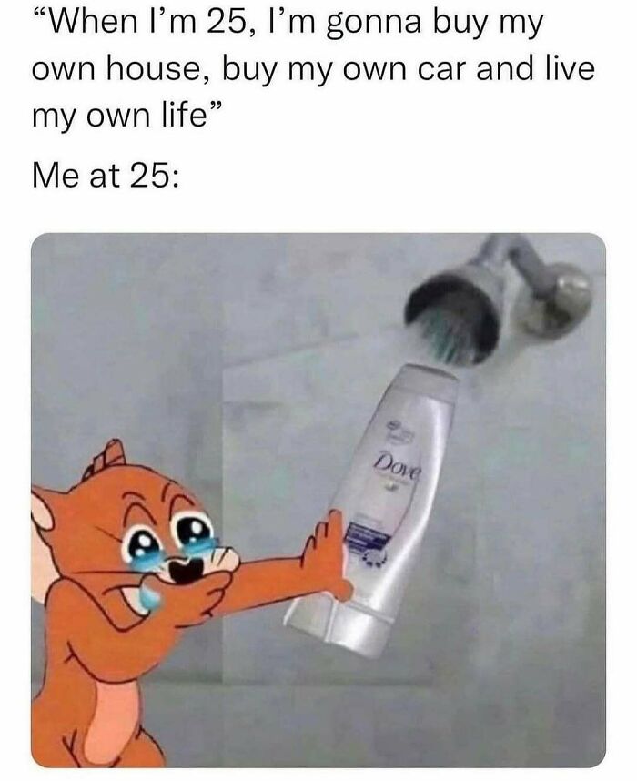 Relatable meme of crying cartoon cat holding shampoo, illustrating humor for those who could use a chuckle today.