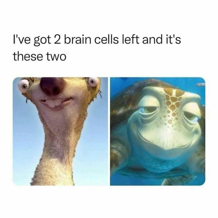 Funny relatable meme featuring animated characters humorously claiming to have only two brain cells left.