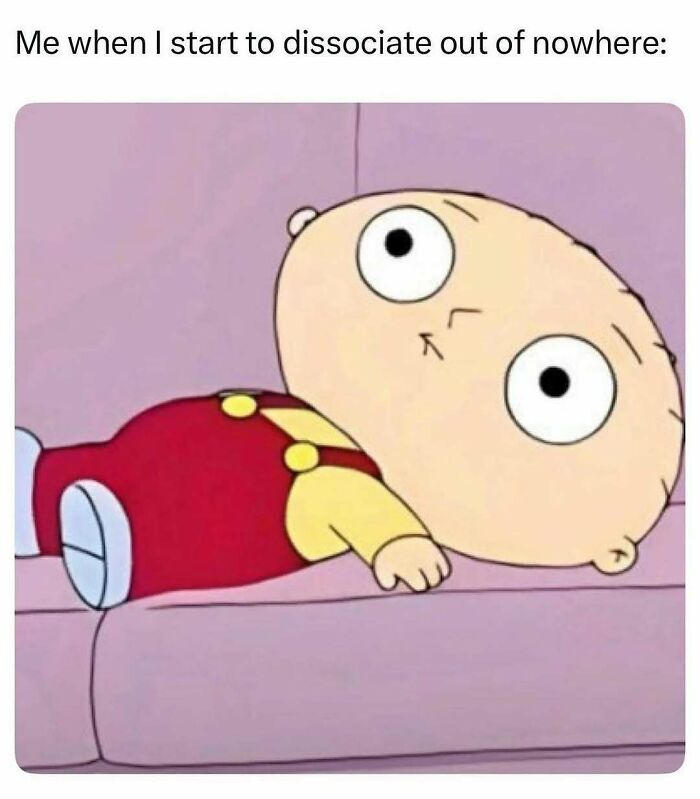 Cartoon character lying on couch with wide eyes illustrating dissociation in relatable memes for those who could use a chuckle today.