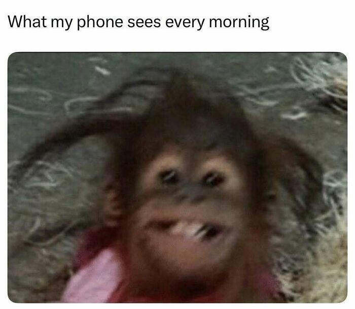 Blurry baby monkey with messy hair humorously illustrating relatable memes for a chuckle in the morning.