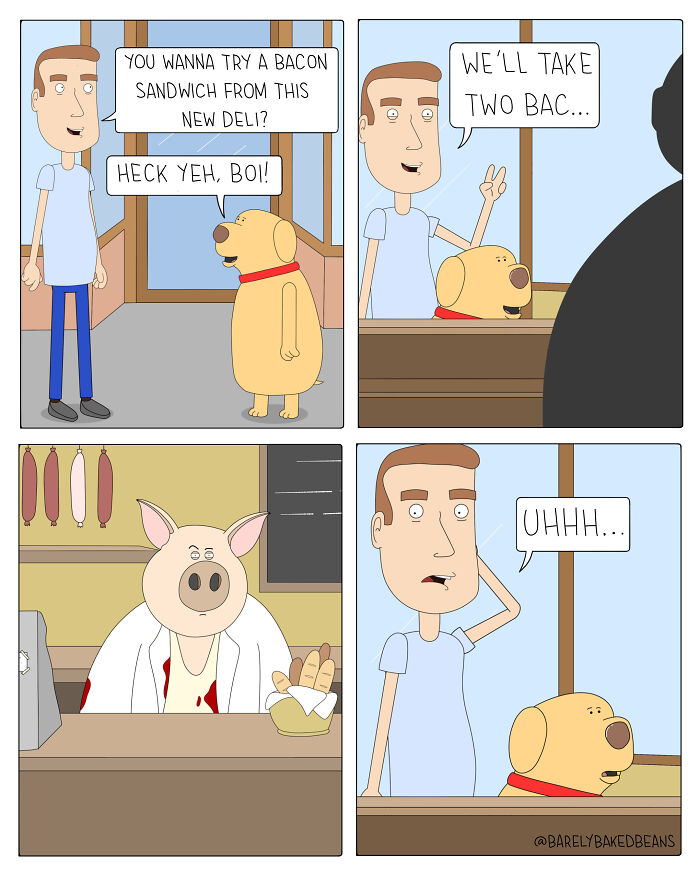 Cartoonist Daniel Matheson comic showing a man and dog ordering a bacon sandwich from a pig butcher.