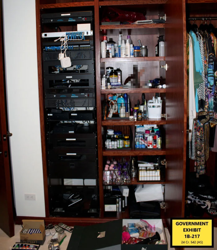Closet shelves with various personal items and electronics seized as disturbing evidence in Diddy trial Miami mansion raid. Closet shelves with various personal items and electronics seized as disturbing evidence in Diddy trial Miami mansion raid.