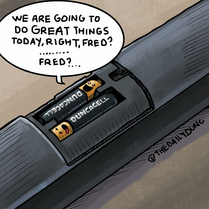 Comic illustration of two batteries, one alive and one dead, with the living battery trying to motivate the other in a hilarious comic.