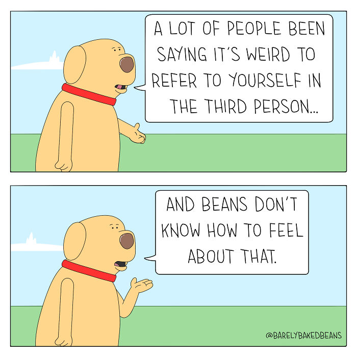 Dog cartoon character humorously discussing referring to yourself in the third person in hilarious comics by Daniel Matheson.