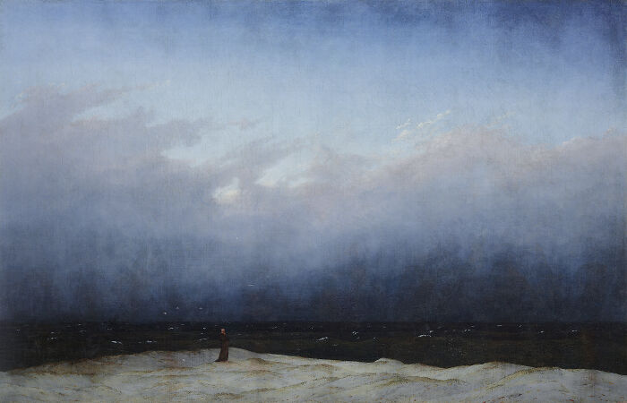 Solitary figure stands on a misty shore under a dark, cloudy sky depicting a bizarre historical event atmosphere.