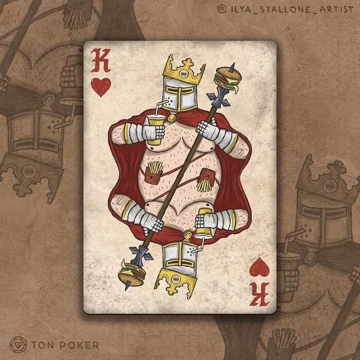 King of hearts playing card reimagined in medieval style, holding a burger, fries, and drinks with a crown and red cape.