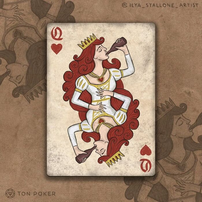 Queen of hearts playing card reimagined in medieval style with red hair, crown, and vintage clothing in a detailed artistic design.