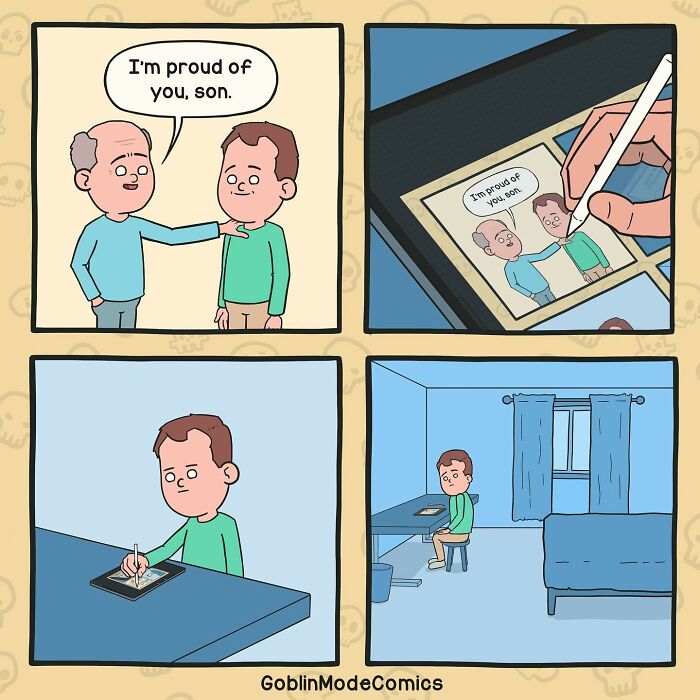 A comic showing a man drawing a father praising his son, reflecting the humorous style of bizarre comics.