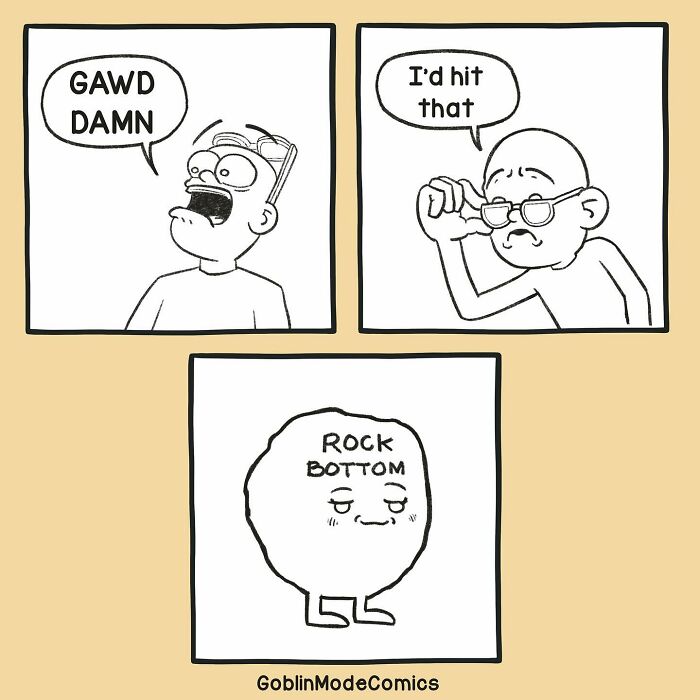 Hilariously bizarre comic panels featuring exaggerated characters and a personified rock saying rock bottom by Goblin Mode Comics.