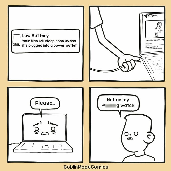 Low battery comic showing a laptop pleading not to shut down with a person refusing to let it die.