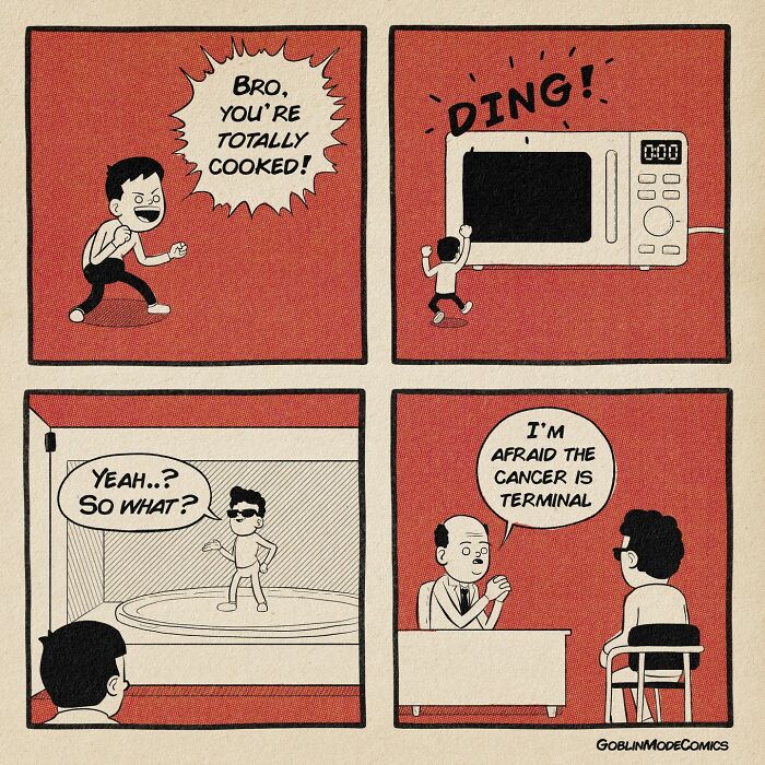 Hilariously bizarre comic panels showing a character's antics, dark humor, and unexpected punchlines by Goblin Mode Comics.