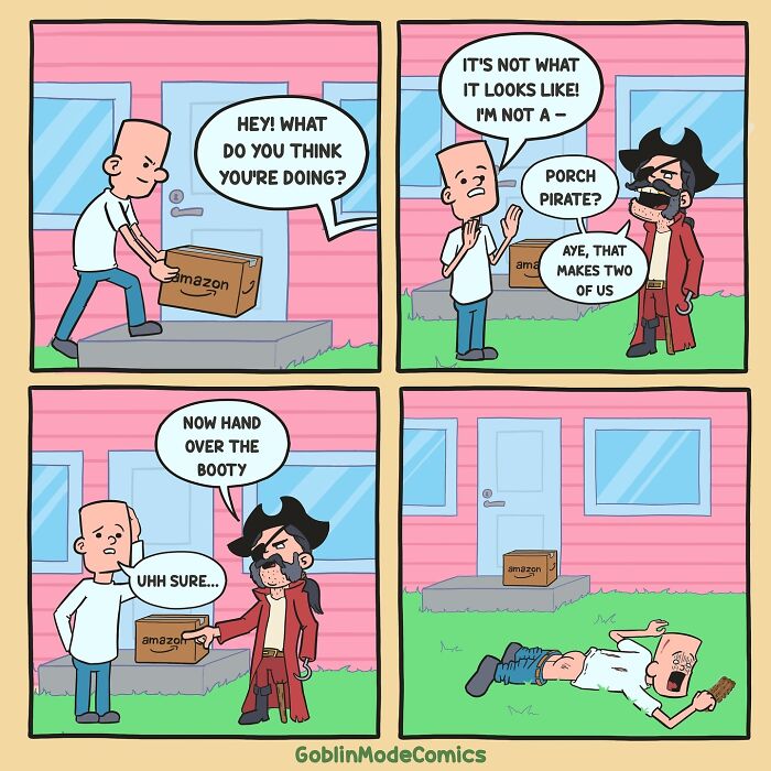 Comic strip showing a funny bizarre scene with a porch pirate stealing an Amazon package, humorous Goblin Mode Comics style.