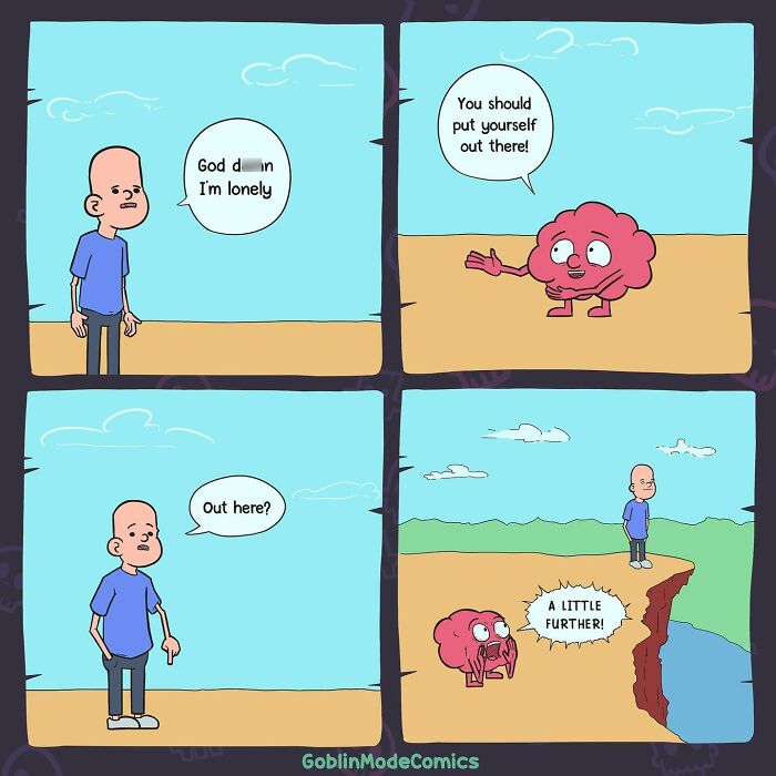 Hilariously bizarre comic shows a man and talking brain with awkward advice in a simple outdoor setting.