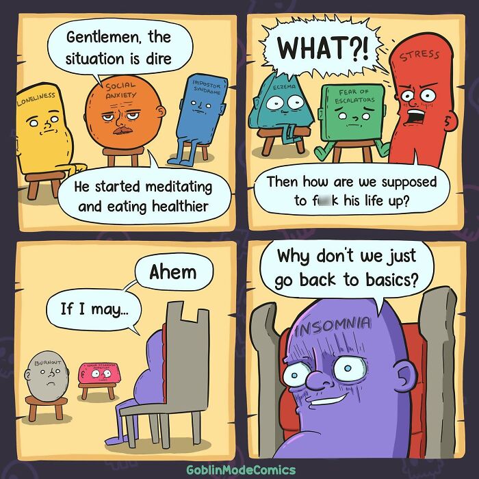Comic panel showing bizarre characters representing social anxiety, stress, and insomnia discussing how to disrupt a healthier lifestyle in a humorous style.