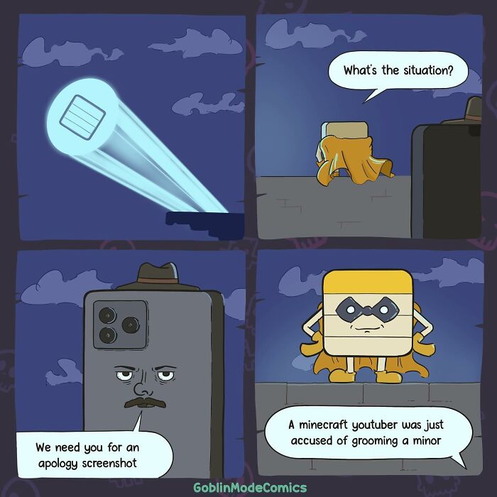 Comic showing bizarre humor with a superhero toast and smartphone discussing apology screenshot situation.