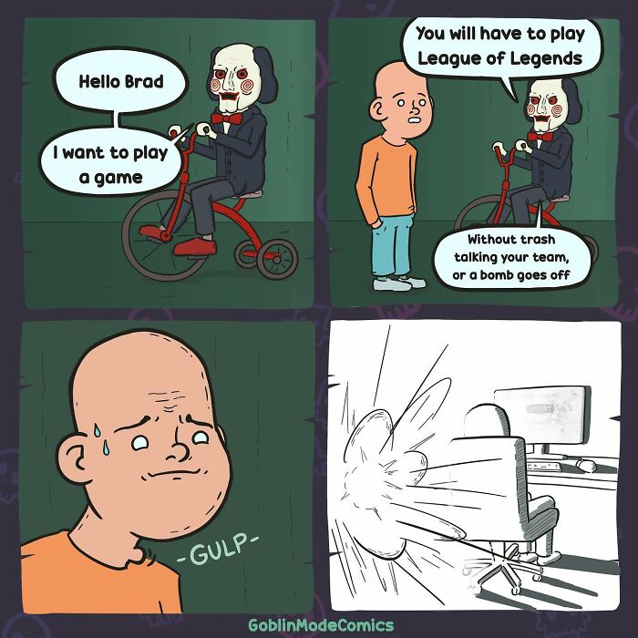 Comic strip featuring a creepy character on a bike challenging a man to play League of Legends without trash talking.