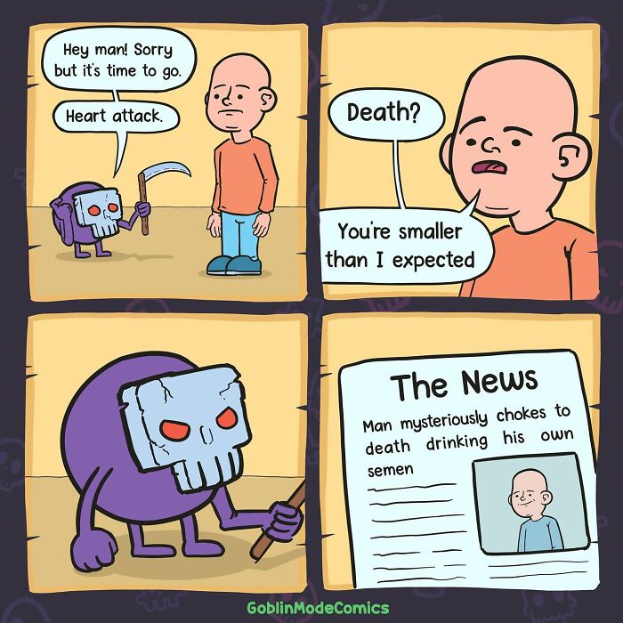 Hilariously bizarre comic by Goblin Mode showing a man confronted by death with darkly funny dialogue and a shocking newspaper headline.