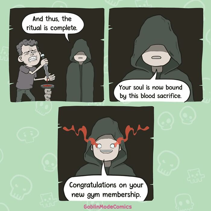 Comic showing bizarre ritual with blood sacrifice revealing a humorous twist about a new gym membership, from Goblin Mode comics.