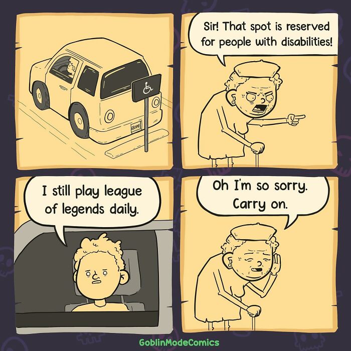 Comic strip showing a humorous disabled parking spot dispute, fitting bizarre comics by Goblin Mode Comics style.