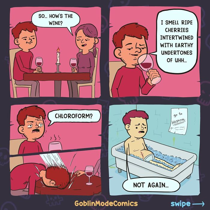 Hilariously bizarre comic depicting a man reacting to wine with a funny, unexpected twist by Goblin Mode Comics.