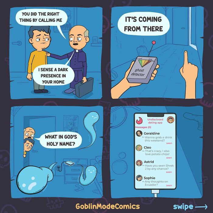 Comic panels showing a ghost detector revealing a dark presence, humorously linked to messages on a dating app.