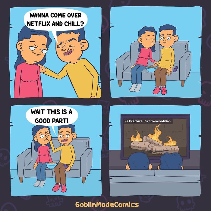 Couple watching a funny comic strip about Netflix and chill ending in a fireplace screen scene by Goblin Mode Comics