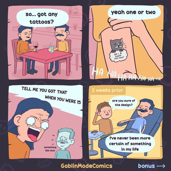 Comic panels show a humorous tattoo story with characters laughing, discussing tattoos, and recalling past regrets in a bizarre comic style.