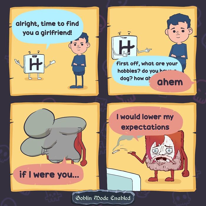 Comic panels showing a humorous and bizarre conversation about lowering expectations, featuring quirky characters from Goblin Mode Comics.