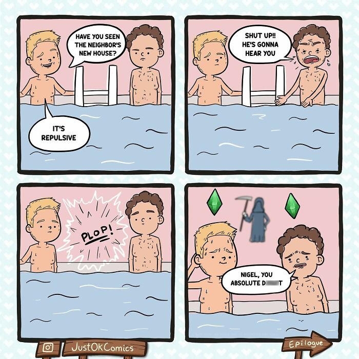 Two men in a hot tub share a bizarre comic moment with dark humor, fitting hilariously bizarre comics by Goblin Mode Comics.