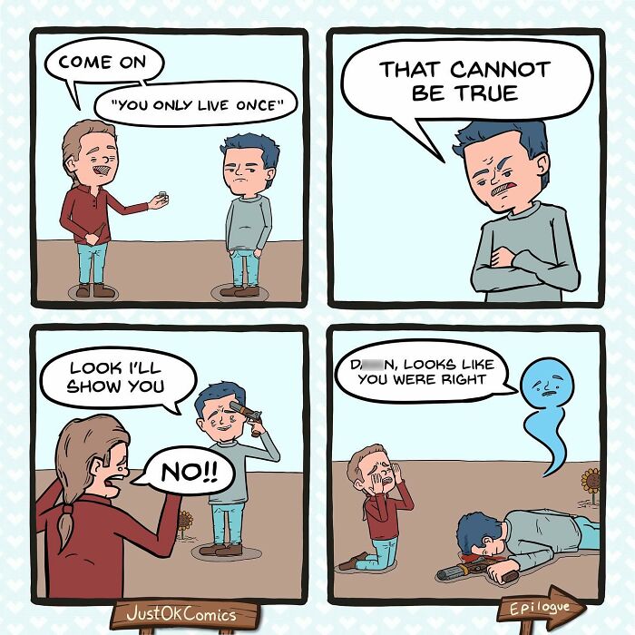 Two men in a bizarre comic series showing dark humor with a ghost and a gun, illustrating bizarre comics style.