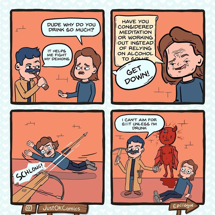 Hilariously bizarre comic by Goblin Mode Comics showing a drinking struggle with demons and dark humor around alcohol use.