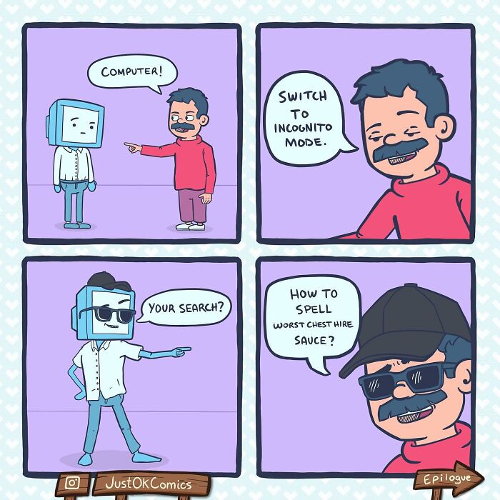 Man with mustache commands computer in comic style, showcasing bizarre and funny moments from hilarious comics by Goblin Mode.