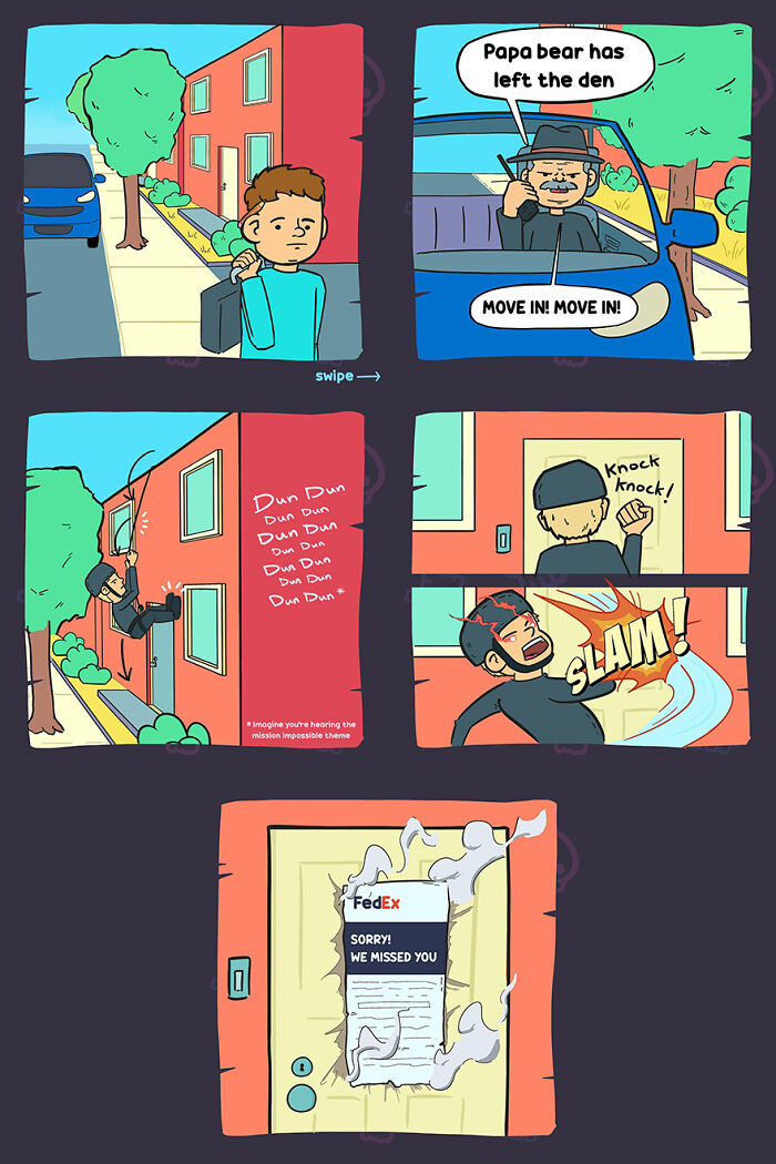 Comic strip shows a man failing to deliver a package with bizarre and funny moments in a hilariously bizarre comic style.