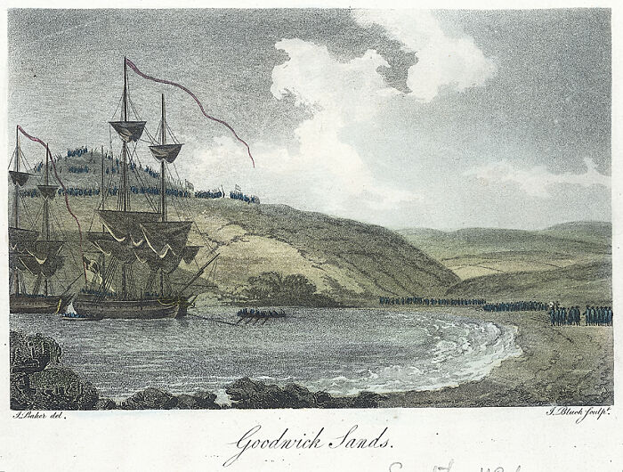 Engraving of historical ships anchored near a shore with crowds gathered, illustrating bizarre historical events.
