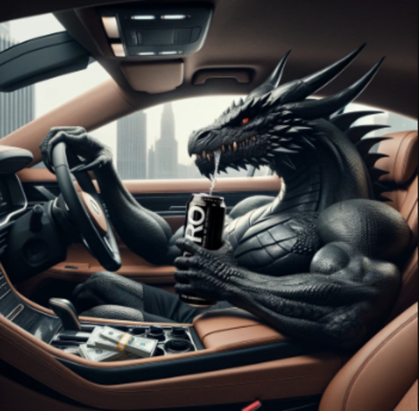 AI-generated image of a muscular dragon sipping a drink inside a luxury car, showcasing creative digital art.